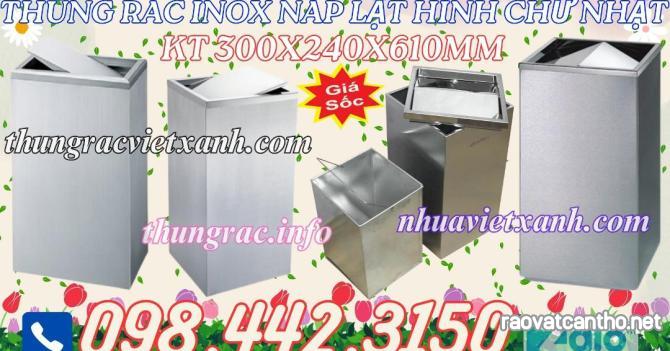 Thùng rác inox nắp lật chữ nhật kích thước 300x240x610mm