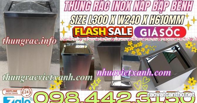 Thùng rác inox nắp lật chữ nhật kích thước 300x240x610mm