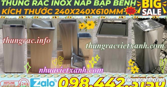 Thùng rác inox nắp lật hình vuông kích thước 240x240x610mm