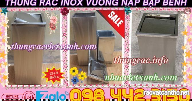 Thùng rác inox nắp lật hình vuông kích thước 240x240x610mm