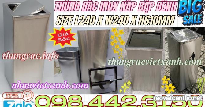 Thùng rác inox nắp lật hình vuông kích thước 240x240x610mm