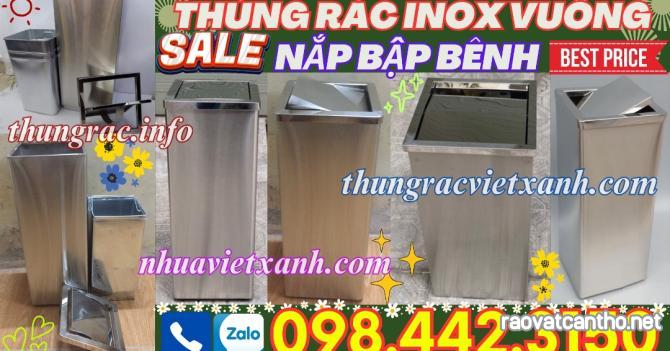 Thùng rác inox nắp lật hình vuông kích thước 240x240x610mm