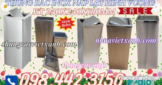 Thùng rác inox nắp lật hình vuông kích thước 240x240x610mm