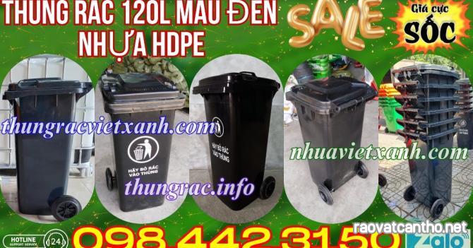 Thùng rác nhựa 120 lít màu đen - nắp kín - 2 bánh xe