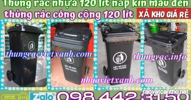 Thùng rác nhựa 120 lít màu đen - nắp kín - 2 bánh xe