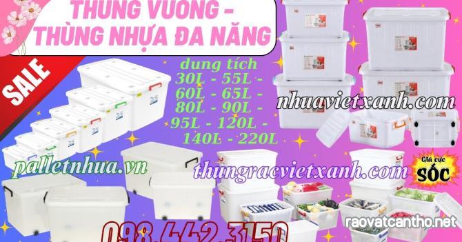 Thùng vuông đa năng có bánh xe có nắp dung tích 30 lít đến 220 lít