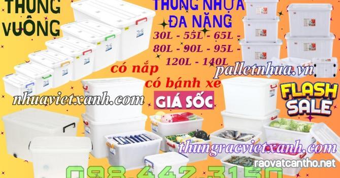 Thùng vuông đa năng có bánh xe có nắp dung tích 30 lít đến 220 lít