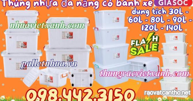 Thùng vuông đa năng có bánh xe có nắp dung tích 30 lít đến 220 lít