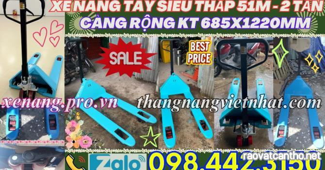 Xe nâng tay siêu thấp 51mm - tải 2 tấn càng rộng KT 685x1220mm