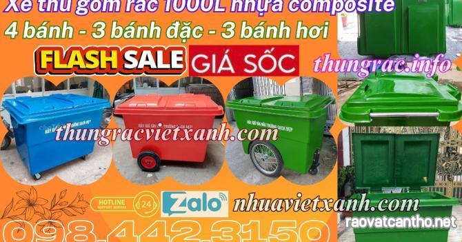 Xe thu gom rác 1000 lít nhựa composite 4 bánh xe và 3 bánh xe