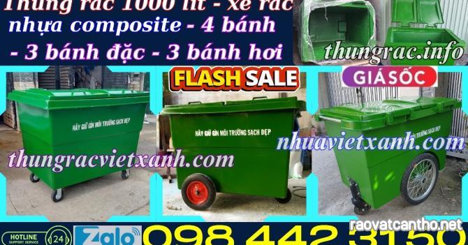 Xe thu gom rác 1000 lít nhựa composite 4 bánh xe và 3 bánh xe