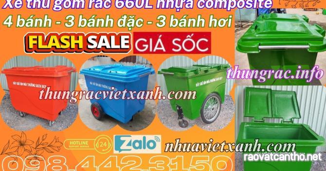 Xe thu gom rác 660 lít nhựa composite 4 bánh xe và 3 bánh xe